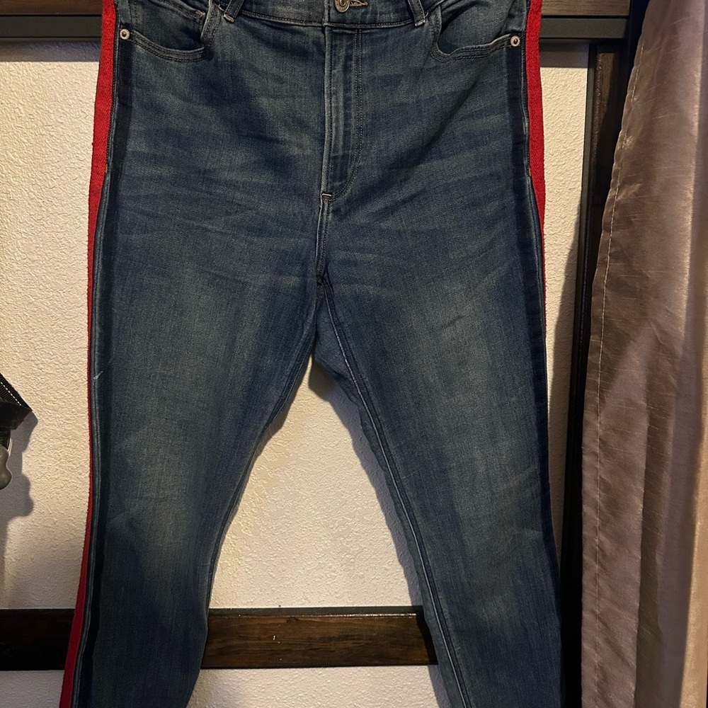 Women’s ankle, jean leggings  with Red and blue Stripe